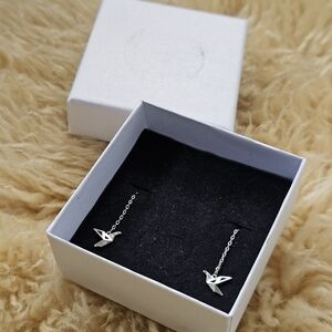 925 Origami Paper Crane Sterling Silver Bird Threader Drop Earrings